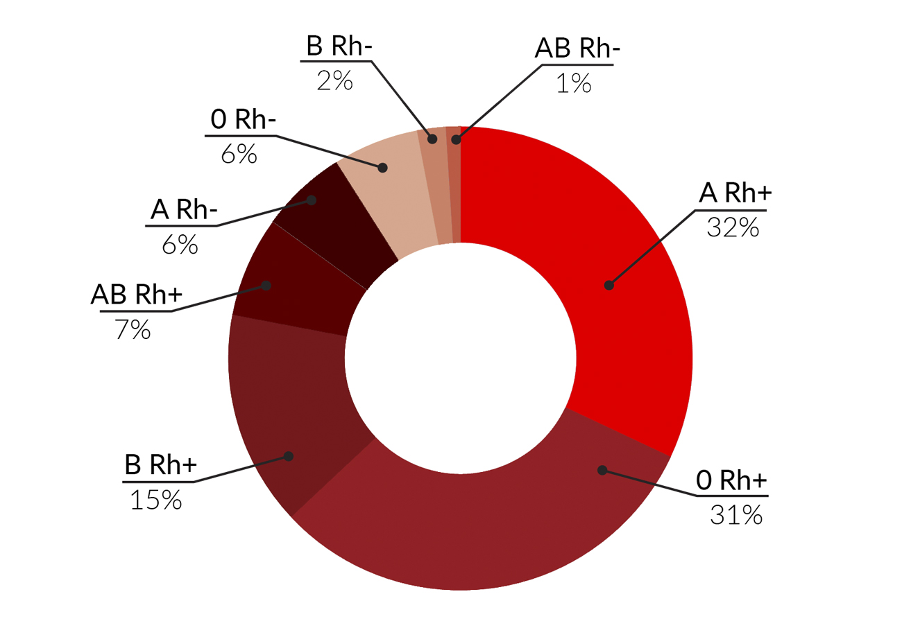 A Rh+ 32%
0 Rh+ 31%
B Rh+ 15%
AB Rh+ 7%
A Rh- 6%
0 Rh- 6%
B Rh- 2%
AB Rh 1%